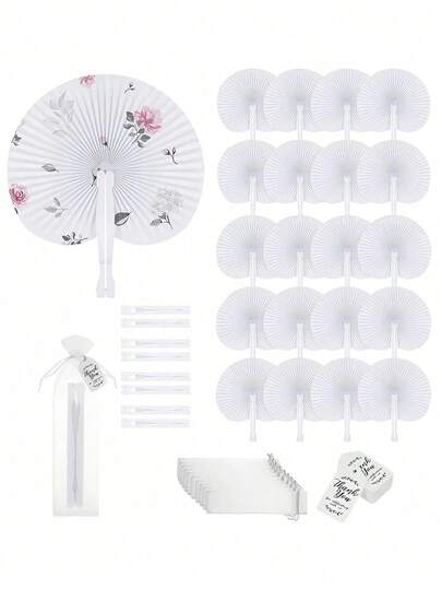 Round Folding Hand Fan With Bag And Tag, Suitable For Wedding Gifts, Fan Decorations, Bride Gifts, Christmas Party Gifts, Handheld Folding Fan, White Round Folding Paper Fan, Holiday Decorations, Dance, Art, DIY, Painting