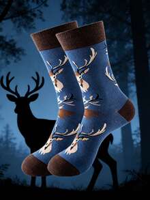 1双可爱小鹿图案休闲百搭时尚中筒袜，适合春夏穿着 - 彩色 - 查看 1