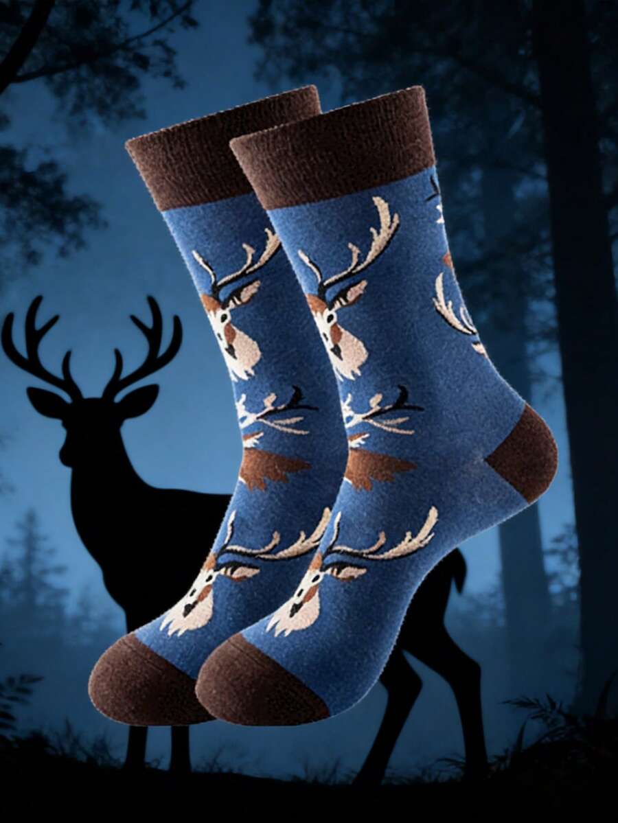 1双可爱小鹿图案休闲百搭时尚中筒袜，适合春夏穿着 - 彩色 - 查看 1