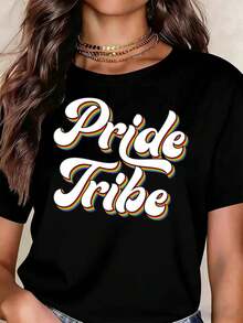 Vintage Women's T-Shirt, Rainbow Text Print 'Pride Tribe', Casual, Sporty, Ideal For Summer, Suitable For Leisure And Sports Activities, Summer Tops. - Black - View 2