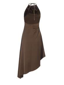 Women's Summer Brown Dress With Asymmetrical Hemline, Open Back, A-Line Skirt, Elegant Dress - Brown - View 9