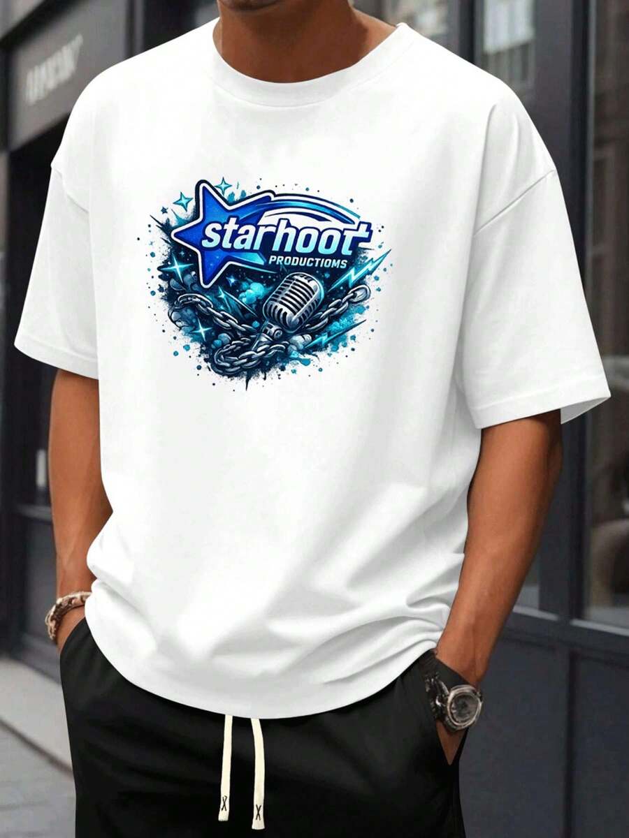 T-Shirt Casual Da Uomo Con Stampa Grafica A Stella, In Morbido Cotone, Vestibilità Comoda, Stile Street Hip-Hop, Design Grafico - White - View 1