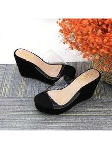 lunryet Women's Clear Strap Wedges Platform Sandals Classic Fish Mouth Memory Foam Slip-On Height Increase Slides Sandals Summer Casual Beach Walking Slippers MILO-1 - 黑色 - 查看 9