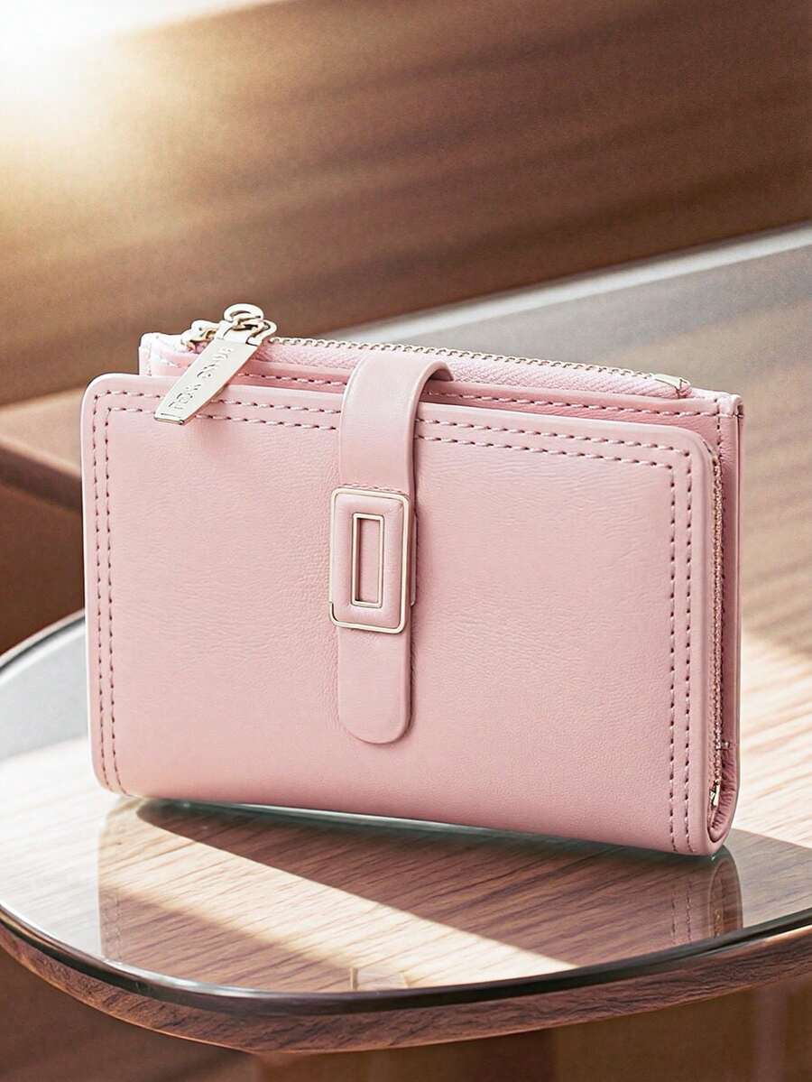 MINGYOU Ví ngắn khóa cài tối giản, ví nữ thời trang trẻ trung có khóa kéo bằng da PU và kẹp thẻ. - Hồng - Xem 1
