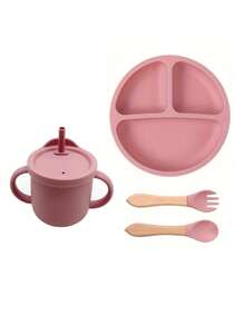 4pcs Baby Silicone Feeding Tableware Set, Customizable With Name And Pattern, Includes Plate, Straw Cup, Fork And Spoon - Multicolor - View 15