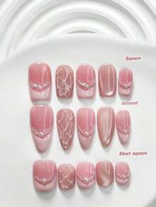 10pcs/Set Valentine's Day Handmade Nail Art Kit, Includes White Flower & Bow Decor, White & Red Gel Nails, French Polka Stickers, Heart Painting, Silver Beads Embedded, 3 Sizes Available: Almond/Square/Coffin Shape, With Set, Suitable Sweet Ladies & Girls, Valentine's Day/Party/Daily Wear Nail Supplies Handmade Press On Nails - 多色 25 - 查看 2