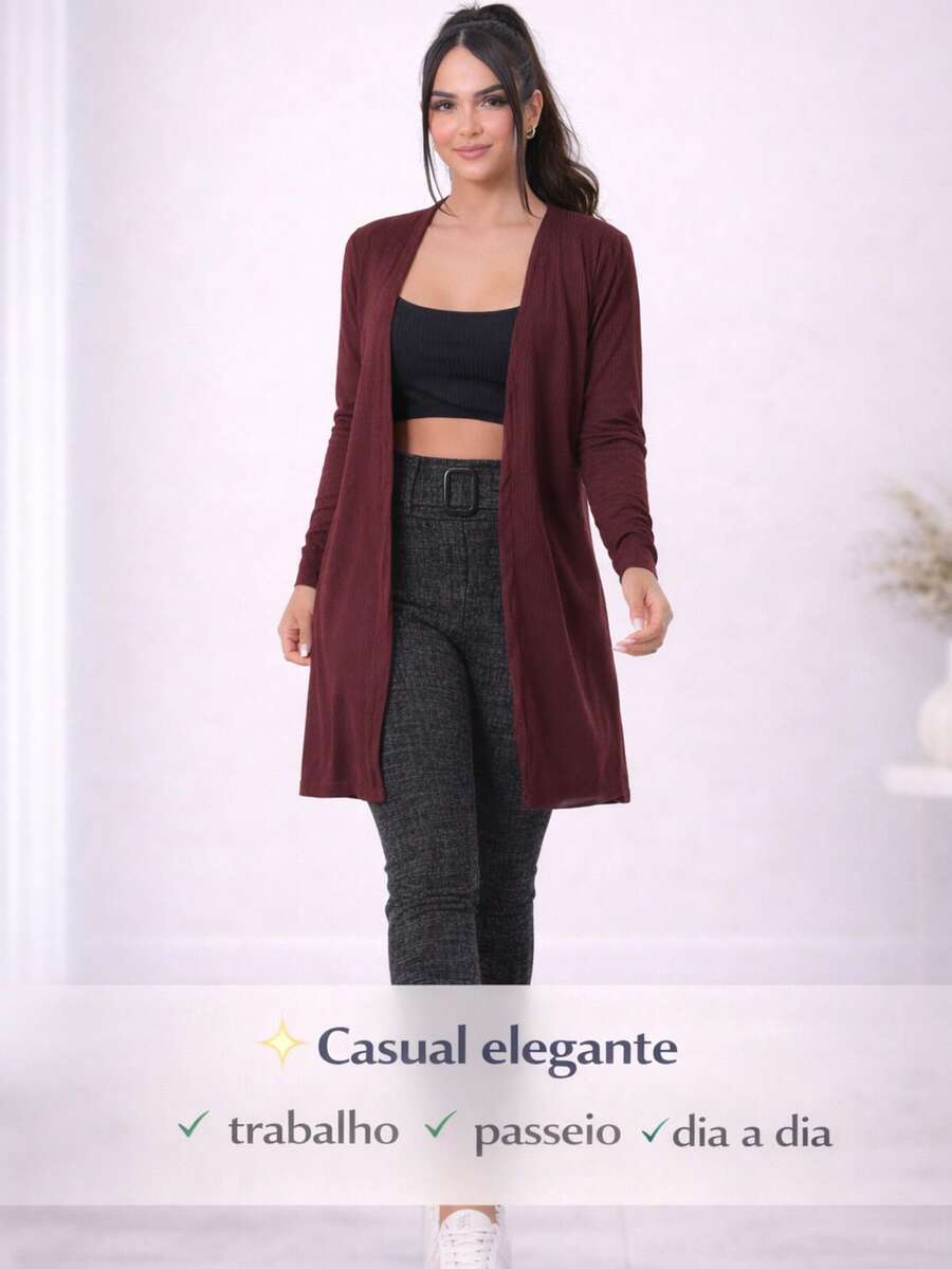 Women's Ribbed Cardigan, Long Sleeve, Open, Casual, Elegant - Màu Đỏ Sâu - Xem 1