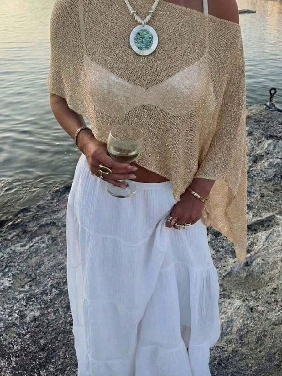 Summer New Women's Solid Color Ribbed Light Apricot Knit Cardigan, Asymmetric Hem Design, Fine Shiny Texture Knit, Lightweight & Breathable, Slightly Loose Fit Suitable For Various Body Types, Vacation & Beach Casual Style Top - 卡其色 - 查看 1