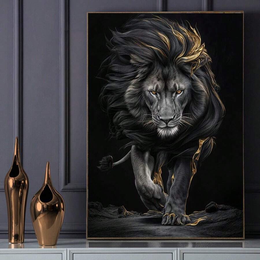 1pc, Frameless Canvas Art, Majestic Lion With Golden Mane, Modern Abstract Wall Decor For Living Room And Bedroom, Lion Wall Decor - 111 - View 1