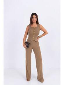 Conjunto Calça e Colete com Botões Clássico para Mulheres - Bege - Visão 1