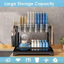 HanTai Dish Drying Rack, 2 Tier Large Dish Drying Rack For Kitchen Counter With Drainboard Stainless Steel Dish Drainer For Dish/Knifes/Cup/Cutting Board, Black - 查看 4