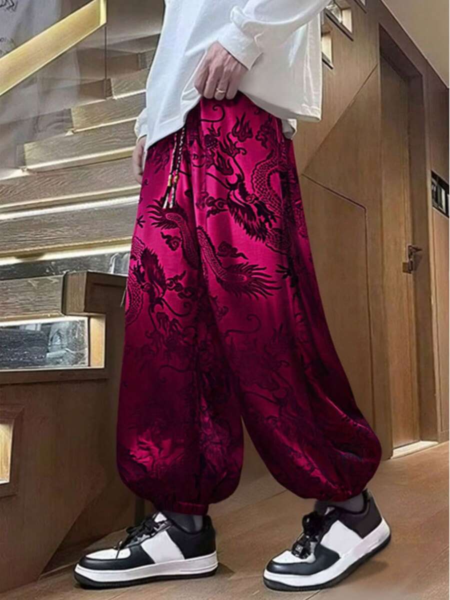 男士复古提花龙纹灯笼裤，缎面柔软中国龙纹阔腿慢跑裤，中国风抽绳腰太极功夫裤，春秋季休闲沙滩瑜伽裤