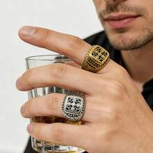 1枚复古花卉十字架哥特嘻哈风316L不锈钢戒指，18K镀金，经久耐用，防水防褪色，适合日常休闲佩戴、服装搭配和主题活动。 - 抹黑花紋十字架男士戒指 - 查看 6
