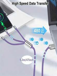 Universal All-In-One Charging Cable, 6A 3 In 1 Fast Charger Cord With Type C/Micro USB Connector, Multi Device Data Sync Cable For IPhone, Android, , , POCO, , , , Camera, MP3 - Blue - View 3