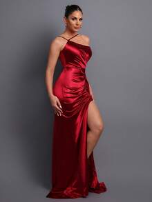 Vestido largo formal elegante, con cuello asimétrico, decoración de volantes, diseño de abertura alta, adecuado para fiestas, banquetes, bodas, bailes de graduación y otras ocasiones formales de primavera - Burdeos - Ver 6