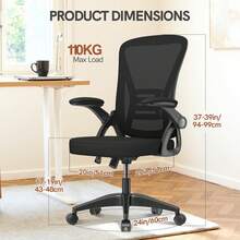 GartistGo Silla de oficina ergonómica fabricada en tejido de malla transpirable con soporte lumbar, reposabrazos regulables, base regulable en altura, rueda giratoria de 360° para oficina y estudio - Negro - Ver 3