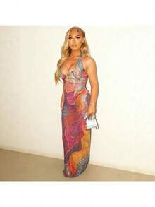 Casual Fashion Color Sequins Neck Deep V Long Dress Women, Slim Split Dress Dress, Dinner Party Gradual Change Print Dress - 11 - Xem 3