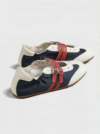 2025 Spring Retro Red Versatile Hook And Loop Mary Jane Shoes, Women Casual Round Toe Flat Leather Shoes,Ballet Flats