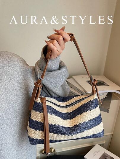 Kontrast-Farbige handgefertigte Gewebetasche, einzigartige Strandurlaubs-Umhängetasche mit großer Kapazität, Stroh-Gewebetasche