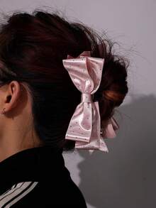 Sweet Romantic Polka Dot Satin Fabric White & Pink Bow Hair Claw, Elegant Elegant High Ponytail Banana Hair Clip - Multicolor - View 6