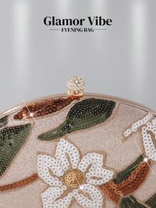 1pc Glamor Vibe Sequin Floral Embroidered Clutch Bag, Hard Box Style Purse, Bridesmaid Handbag, Formal Party Bag, Wedding Clutch, Suitable For Women Attending Formal Events, Weddings And Galas, With Detachable Chain, Showcasing An Elegant Style. - Champagne - View 6