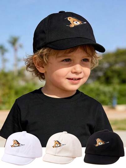 1顶男女通用幼儿/婴儿小熊印花软边棒球帽，卡通熊儿童帽，适合春、夏、秋季佩戴