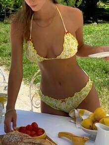 Women Triangle Bikini Set Cute Printed 2 Piece Swimsuit Y2k Ruffle Trim Bathing Suit Coquette Swimwear - 檸檬黃 - 查看 2