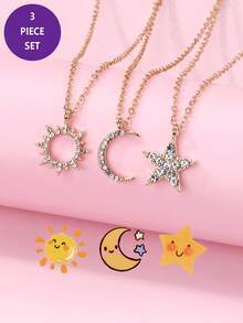 Bộ 3 mặt dây chuyền hình mặt trời, mặt trăng và ngôi sao đính đá lấp lánh dễ thương dành cho trẻ em nhân dịp Eid Al-Adha, thích hợp để đeo hàng ngày, làm quà tặng hoặc trong các dịp lễ hội. - Vàng - Xem 2