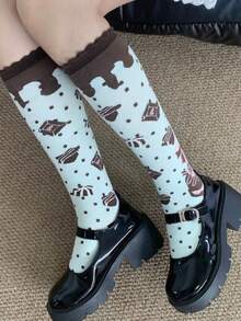 1/3 双新款巧克力曲奇蛋糕甜美洛丽塔荷叶边过膝袜 - 彩色 - 查看 3