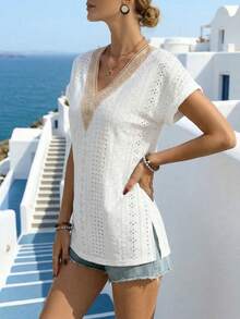 Women's White Hollow Embroidered V-Neck Blouse, Elegant Lace Trim Short Sleeve Summer Top Casual - White - View 6