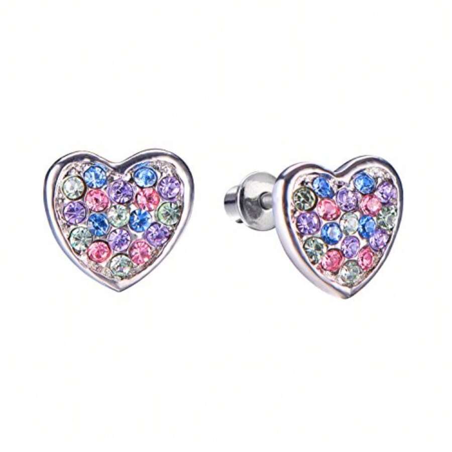 Girls Screwback Pink Earrings Heart Cubic Zirconia Pink Screw Back Earrings for Girls with Stainless Steel Post Multicolor - como en la foto - Ver 1
