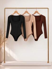 Kit 1, 3 Bodysuits, Women's Shaping Bodysuit, Second Skin Style, Square Neckline, Long Sleeves, Basic, High Fashion, Versatile, Elegant, Blogger Style - ĐEN-BEIGE-CÀ PHÊ - Xem 1