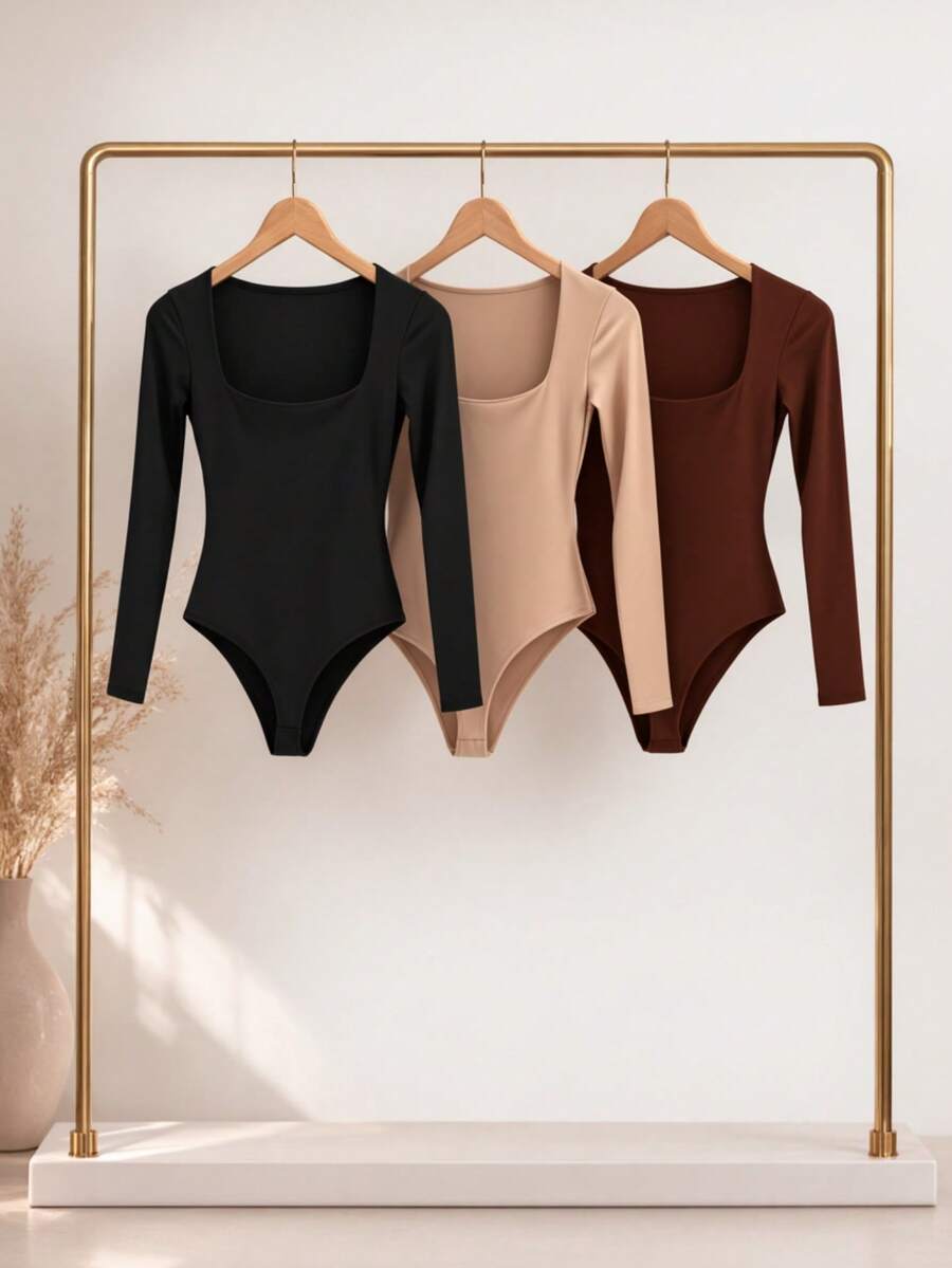 Kit 1, 3 Bodysuits, Women's Shaping Bodysuit, Second Skin Style, Square Neckline, Long Sleeves, Basic, High Fashion, Versatile, Elegant, Blogger Style - ĐEN-BEIGE-CÀ PHÊ - Xem 1