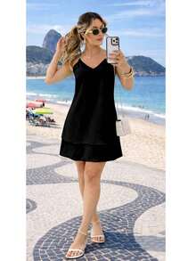 Women's Short, Loose-Fitting Dress With Layers And Ruffles In Candy Colors For Summer, With Adjustable Straps. - 黑色 - 查看 5