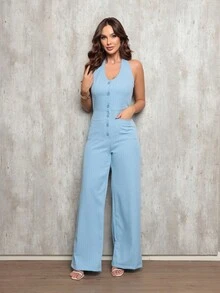 Striped Halter Neck Long Jumpsuit With Pockets - Elegant Style For Special Occasions - Baby Blue - View 3
