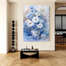 Con marco Encantadora obra de arte de lienzo floral azul vintage de 11,8" x 15,7", con marco de madera, ideal para decorar tu sala de estar, dormitorio, cocina o oficina. - Enmarcado - Ver 5