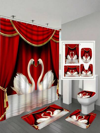 4-Piece Red Swan Love Pattern Bathroom Set, Waterproof Shower Curtain With 12 Hooks, Anti-Slip Bath Mat, U-Shaped Toilet Mat, Toilet Lid Cover, Decorative Bathroom Ensemble