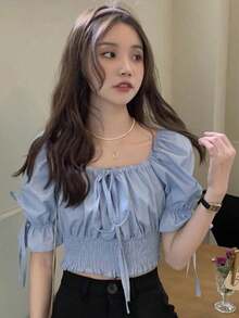 女款時尚甜美夏季純色泡泡袖抽褶腰上衣 - 藍色 - 查看 2