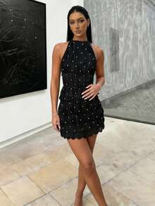 Women's 2 Piece Outfits Smocked Mini Skirt Set Casual Sleeveless Backless Smocked Halter Neck Tie Up Crop Top + Bodycon Short Mini Skirt Set Cocktail Party Beach Dress - 黑與白 - 查看 2