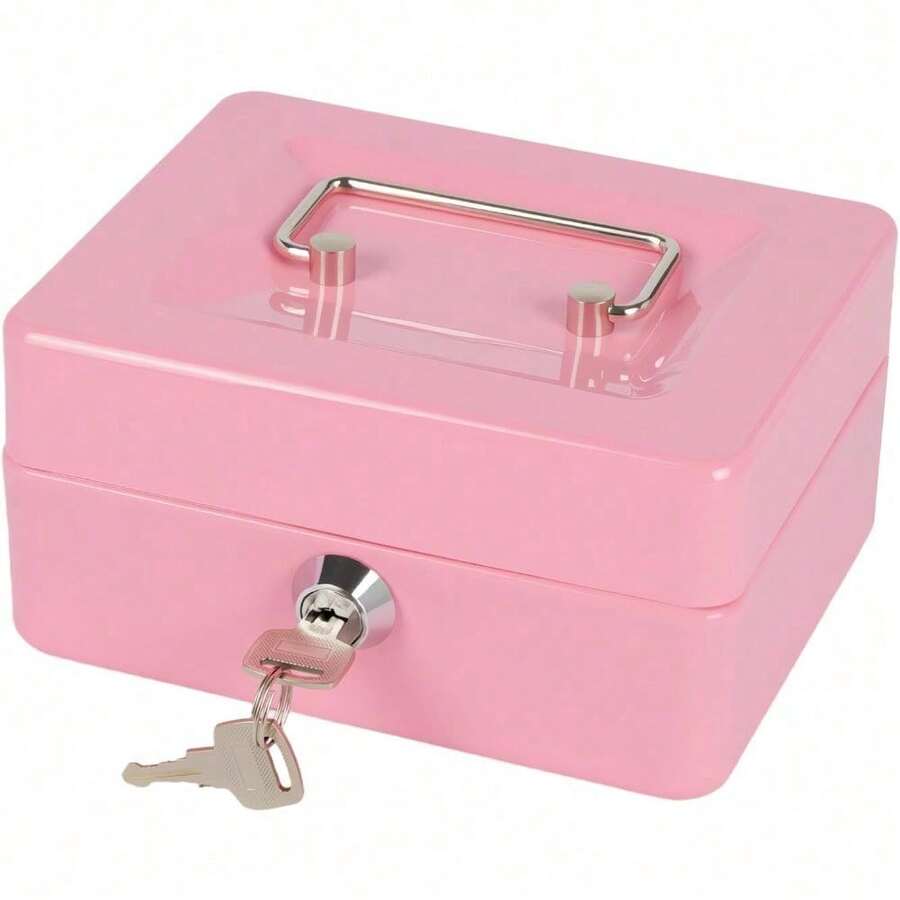 Caja de dinero rosa, bandeja de inserción de caja registradora, cajón de cajero, caja de de acero portátil y con cerradura para almacenamiento de efectivo, regalo de cumpleaños y graduación - Rosa - Cerradura con llave - Ver 1