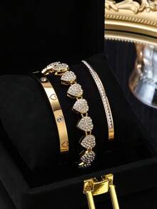 Bộ 3 vòng tay bằng thép không gỉ mạ vàng 18K hình trái tim đính đá, vòng tay hở bằng vàng 14K và đồng khảm đá Cubic Zirconia, phụ kiện thời trang hàng ngày cho nữ, quà tặng ngày lễ. - Vàng - Xem 8