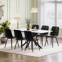 Extendable Dining Table And Chairs Set Of 6, Concrete Effect Rectangular Table With Upholstered Faux Leather Chairs For Dining Room,Kitchen - White Marble Table + 6 Black PU Chairs - View 11