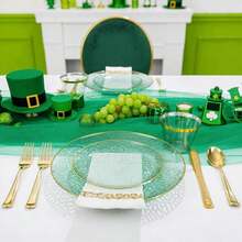DaYammi 350 Pcs Clear Green Gold Plastic Plates, Hammered Disposable Dinnerware, Clear Green Plates Set Include 100 Plastic Platos, 150 Gold Disposable Silverware, 50 Cups And 50 Napkins For Party - Xanh lá trong - Xem 2