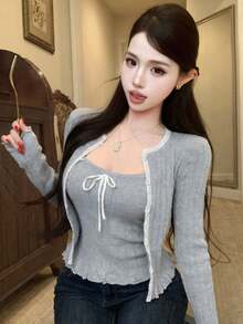 两件套性感针织吊带背心和长袖开衫套装，优雅蝴蝶结系带设计，适合春夏、新年、外出、通勤、约会等场合。 - 花灰色 - 查看 4