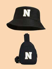 Bộ 2 món mũ tai bèo in 26 chữ cái viền vàng và túi đeo chéo cho trẻ em, mũ chống nắng ngoài trời nhẹ, trang phục thời trang đa năng unisex. - màu đen - Xem 14