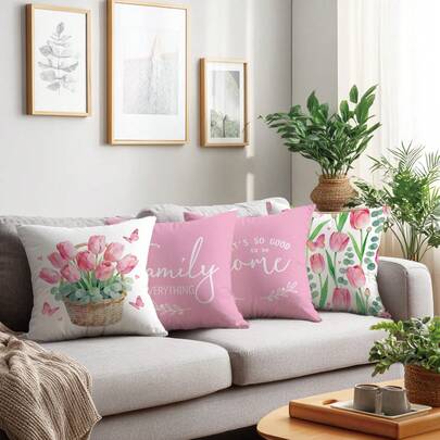 4件套粉色蝴蝶郁金香简约文字图案抱枕套，单面印花，柔软桃绒材质，45*45厘米枕套，适用于家居室内卧室客厅派对装饰，沙发装饰抱枕套，节日礼物（不含枕芯）