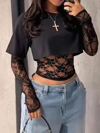 Áo croptop tay ngắn xuyên thấu ren gợi cảm FLEXCHIC dành cho nữ, màu trơn, phối ren, thích hợp mặc hàng ngày, hẹn hò, dự tiệc, biểu diễn sân khấu, mùa xuân/hè.