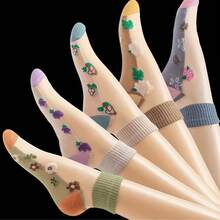 10 peças/pacote Meias Transparentes de Cristal para o Verão, Meias Curtas de Renda Bordada, Ultra Finas e Respiráveis Antiemborrachamento (Cores e Padrões Variados) - Multicolorido - Visão 8