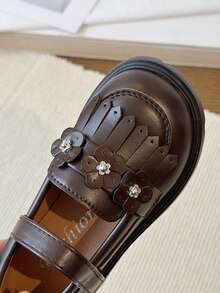 1 đôi giày da kiểu Anh họa tiết hoa cho bé gái, khóa dán, kiểu dáng thời trang đa năng phù hợp đi học. - màu nâu - Xem 9