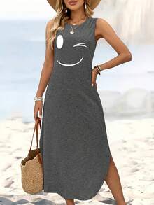 Graphic Print Tank Dress, Sleeveless Crew NeckCasual Dress For Summer & Spring, Women'sClothing - 灰色 - 查看 4